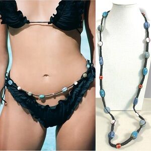 Free People Bohemian Beaded Macrame Sparks Belly Chain in Black Multi Beach NWT
